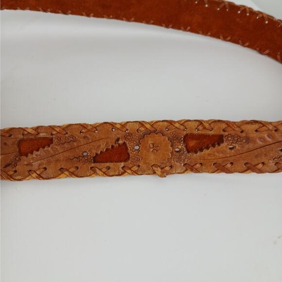 Women's Genuine Leather Embossed with Leather Cutouts Wood Buckle Belt Boho - Picture 5 of 6
